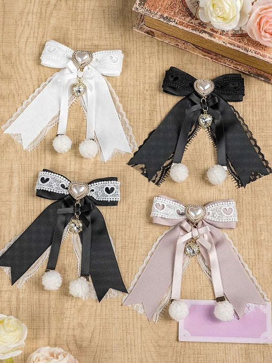 Jirai Kei Pompom Details Sweetheart Charm Bowknot Hairclip