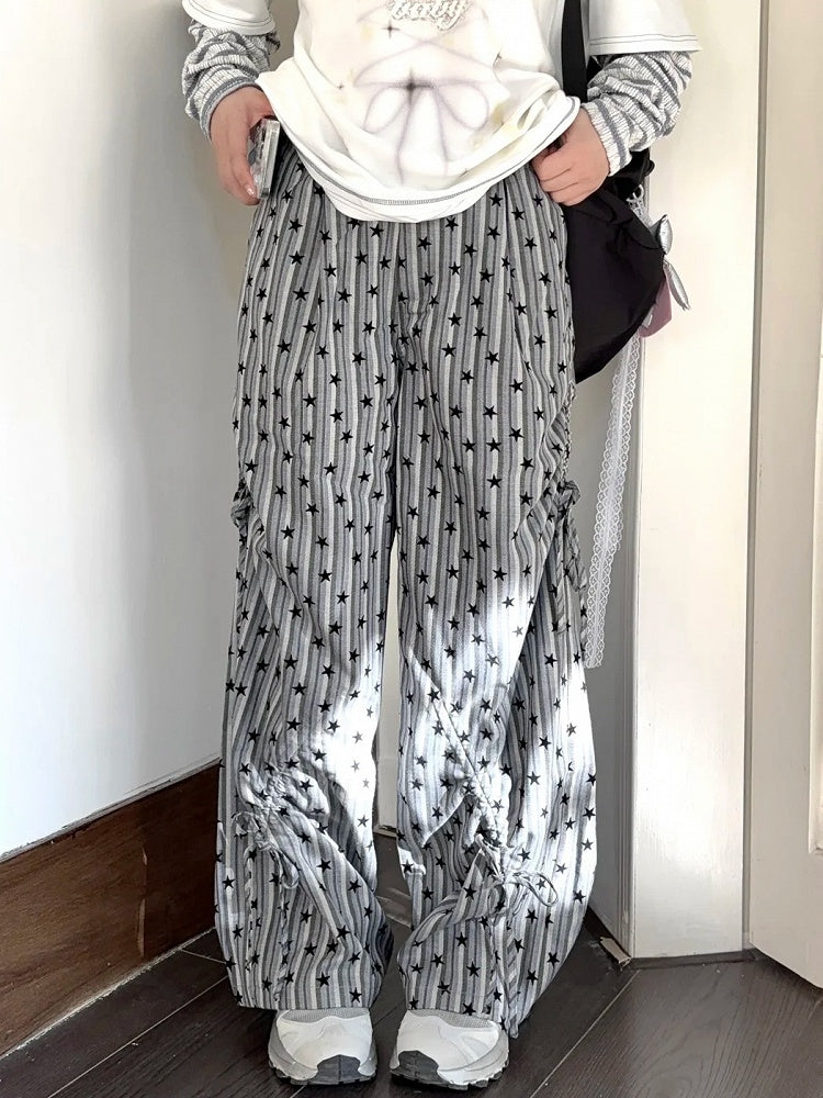 Grey Stars Striped Wide-leg Cut Pants Ruched Design Cuffs