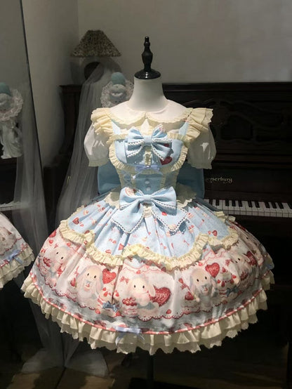 Full JSK / Sweet and Bunny Strawberry Cake Blue Dress Cute Set Lolita Print
