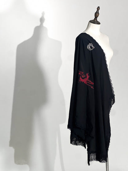 Red / Black / Purple Dragon and Moon Embroidery Shawl
