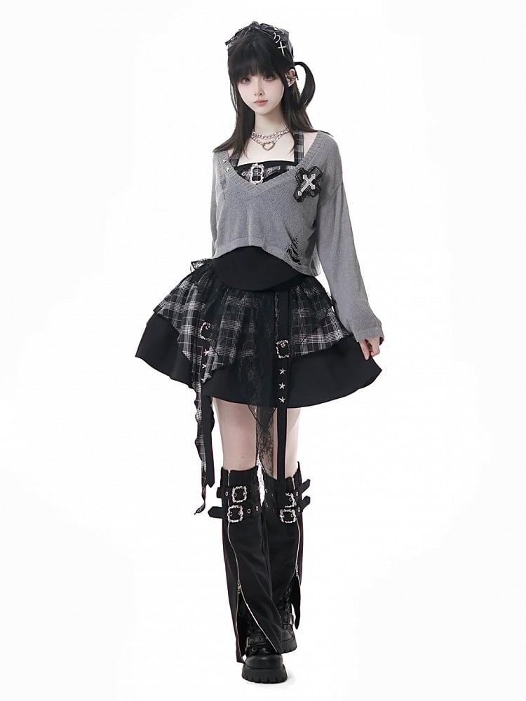 Red / Lace Buckle Straps Handkerchief Plaid Studs Star Core with Idol Hem Y2K - Black Skirt