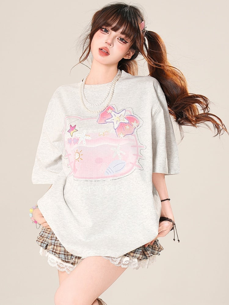 T-shirt Gray/Black Rhinestone Necklace Kitty Beaded Decorated With Daily Print Kawaii