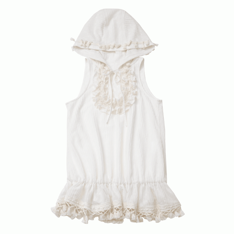 Neckline Hooded Sleeveless Top Keyhole Tassel Hem Tiered Ruffles Self-tie Beige Bohemian