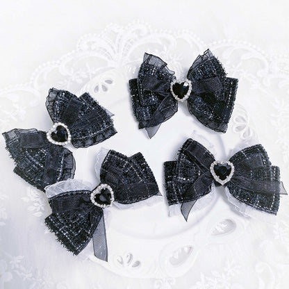 Jirai Kei Sweetheart Rhinestone Adorned Tweed Bowknot Hairclips