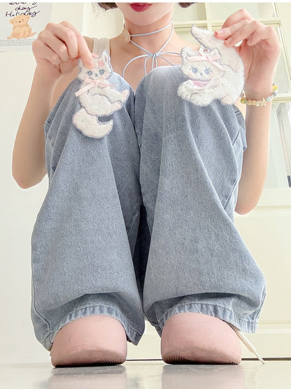 with Detachable Kitty Appliques Blue Wide-Leg Jeans Short/Long Version