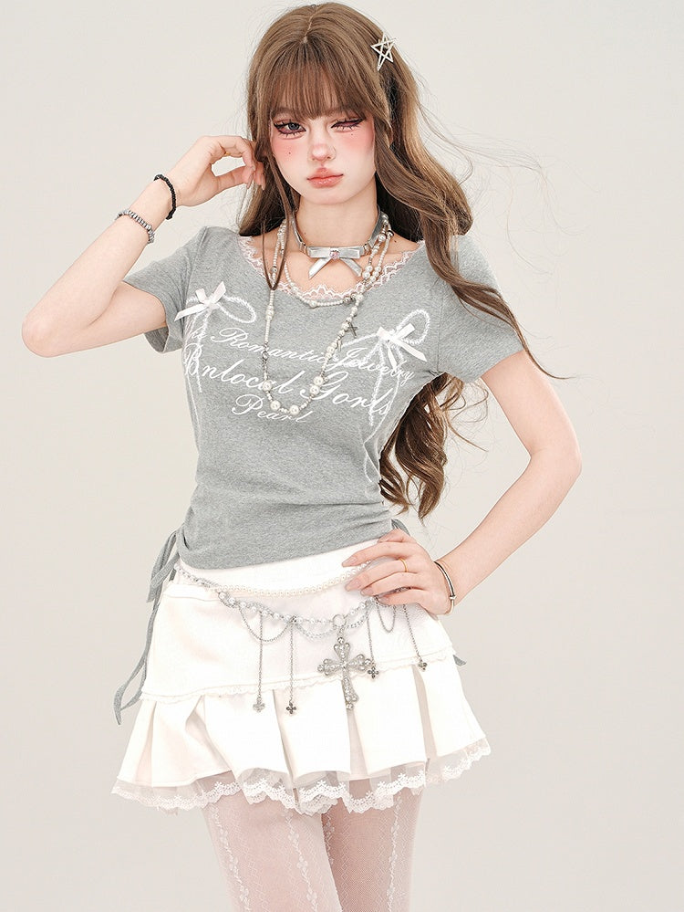 Grey Letters Print Drawstring Waist T-shirt