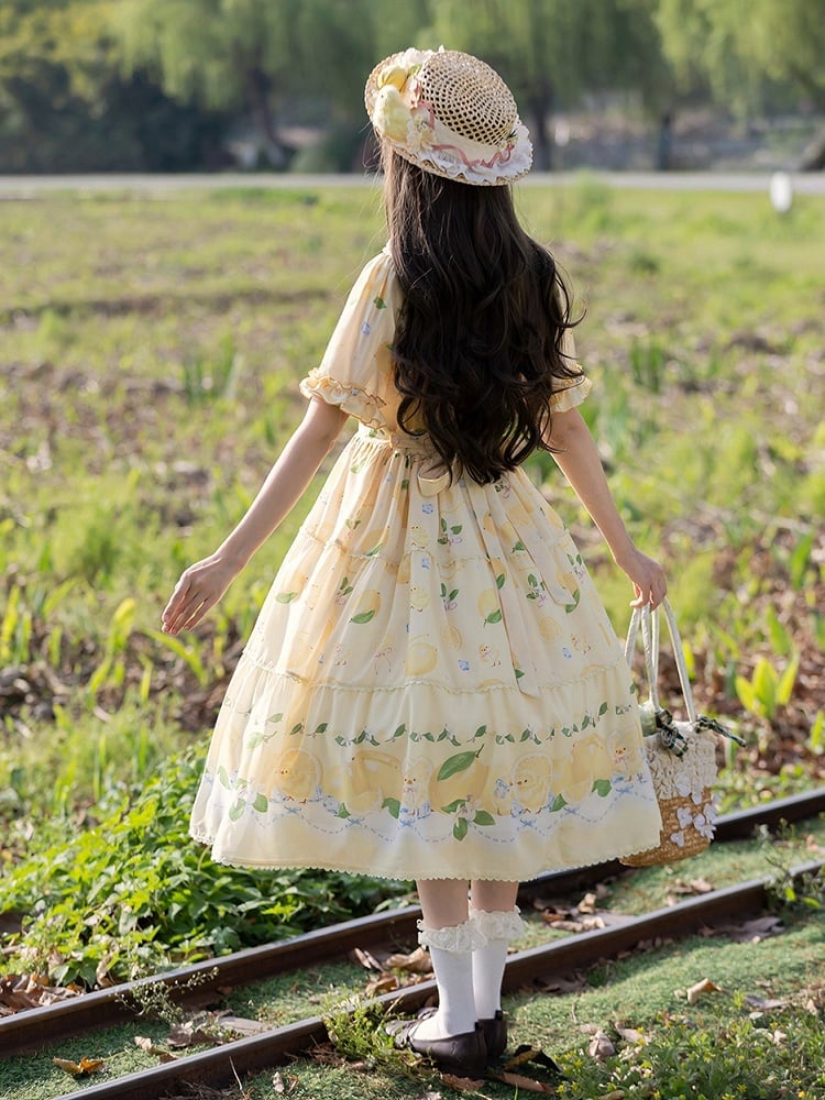 and Spring Chick Dress Sleeves Short Summer for Print Lolita Lemon Yellow