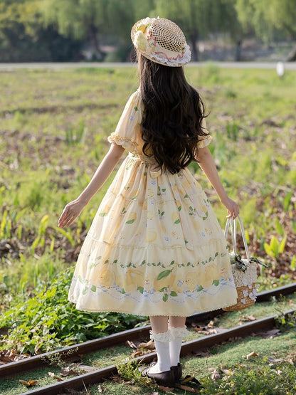 and Spring Chick Dress Sleeves Short Summer for Print Lolita Lemon Yellow