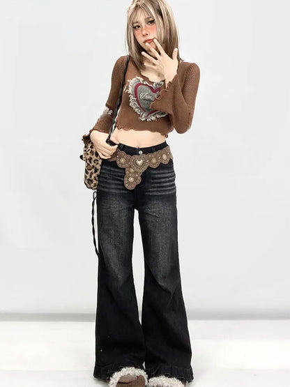 Cuffs Ruffled Cut Wide-leg Black Jeans