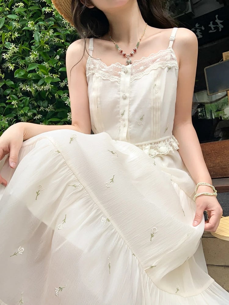 Kei Buttons Beige Floral Embroidery Lace Trim Floral Mori Cami Top
