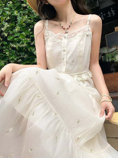 Kei Buttons Beige Floral Embroidery Lace Trim Floral Mori Cami Top