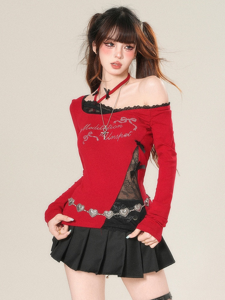 Und Ärmeln Brief Top Lange Strass Verziert Bowknot Glamourös Rot/Schwarz
