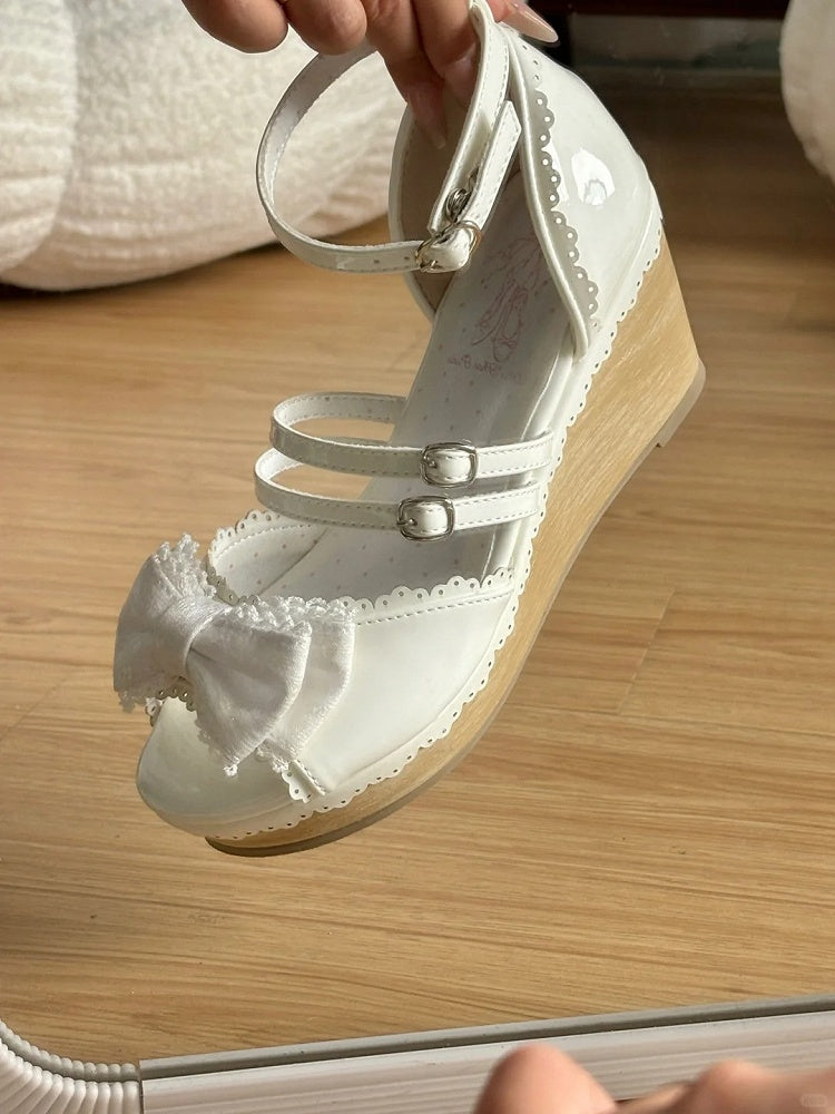 School Old White Wedges Sandals Bow Top Sweet at Lolita