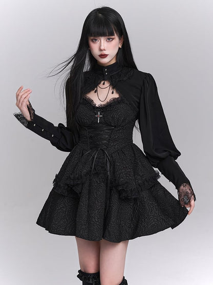 Skirt Gothic Black Sweetheart Neckline Lace-up Front Tiered