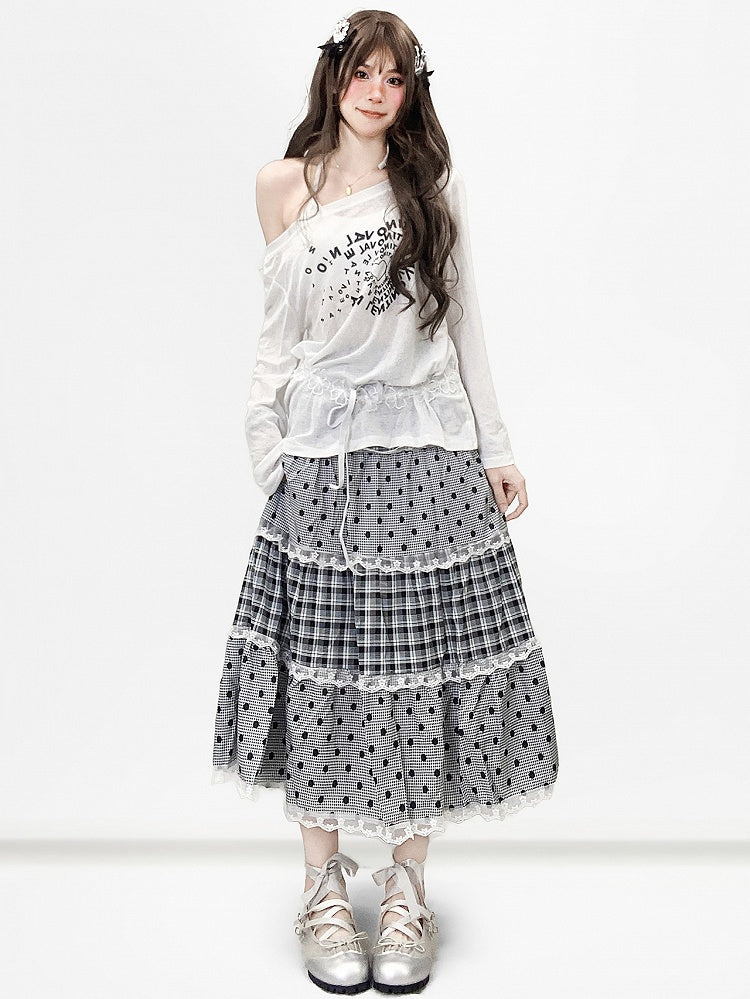 Gray Pattern Trim Polka-dot Y2K And Skirt Lace Bittersweet Plaid