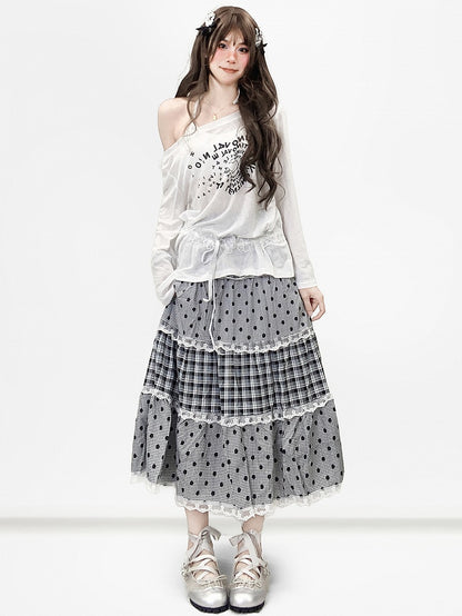 Gray Pattern Trim Polka-dot Y2K And Skirt Lace Bittersweet Plaid