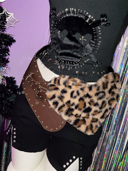 Ceinture à boucle en peluche léopard marron en forme de cœur