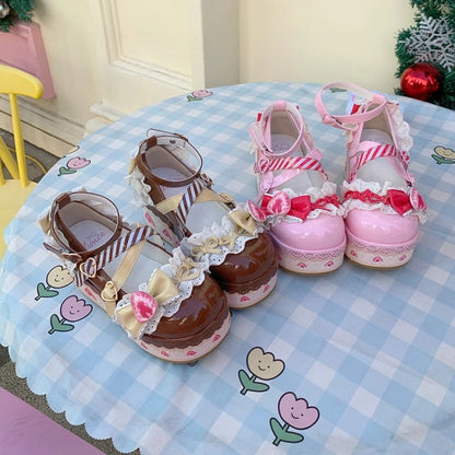 Plattform braun süße Erdbeerkuchen Schuhe Jane Lolita Schokolade Mary