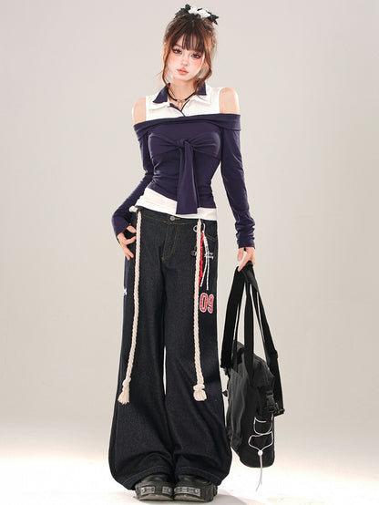 Navy Blue Tie Accent Cutout Shoulder Patchwork Top