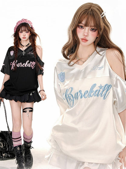 White/Black Letters Cutout Shoulder V-neck Sporty T-shirt