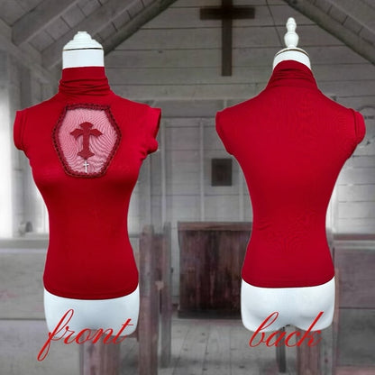 Gothic Dark Red Coffin Cutout Cross Detail Modal High Neck Sleeveless Top