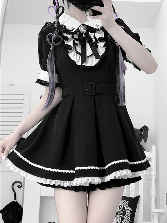 and Shorts Kei Jirai Set Pan Top Maid White Peter Collar Black with