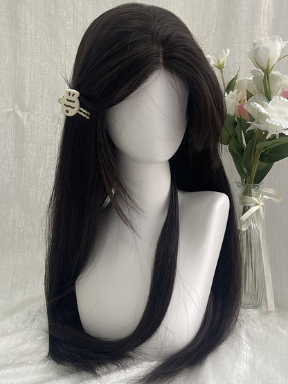 Black Tea 70CM Waist Length Straight Wig With Curtain Bangs