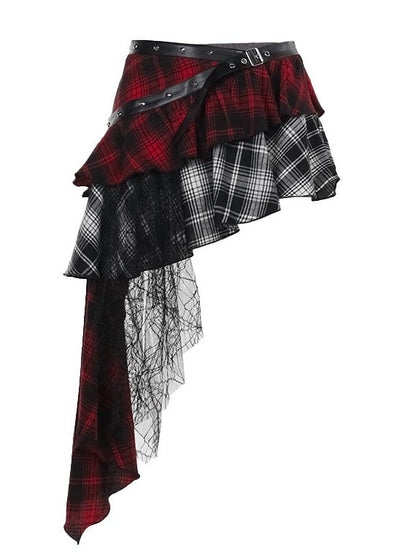 Asymmetrical Red  White Plaid Tiered Skirt with Cascading Lace Ruffle Trim