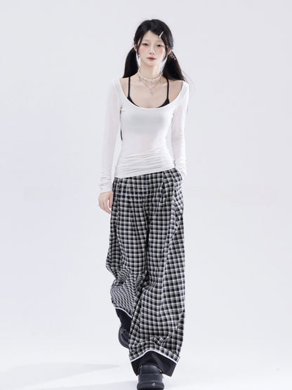 Black  White Plaid Low Waist Straight-Leg Pants