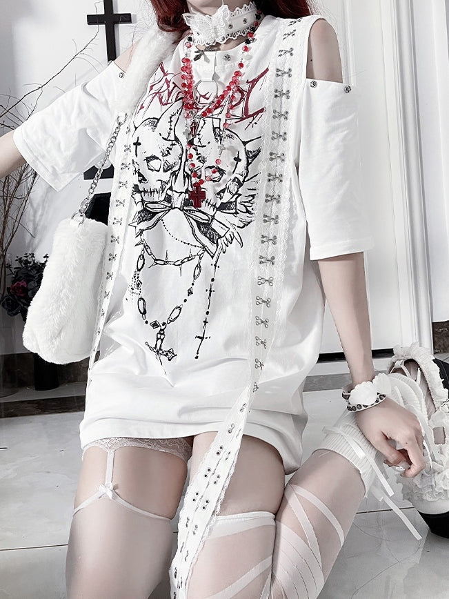T-shirt White Cutout Shoulder Design Punk Emo