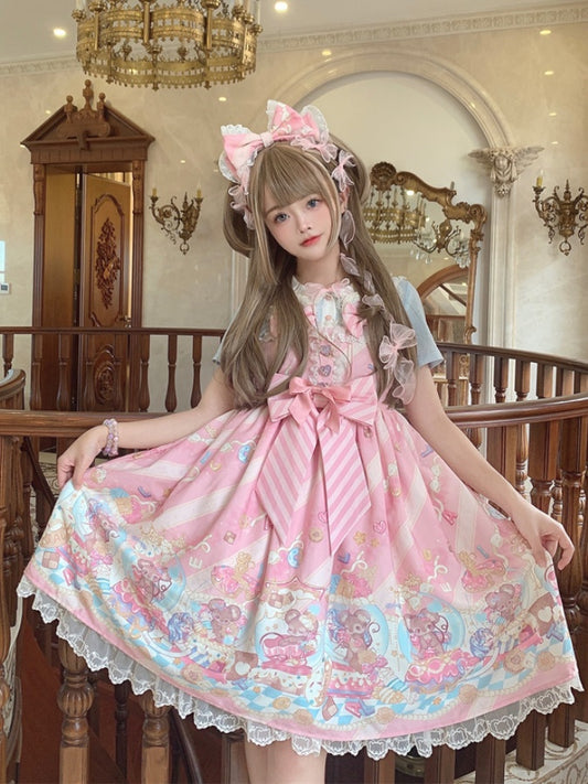 Ears Bow Pink Big Neckline JSK Sweet Lolita Dress Adorable Mouse Print Mouse Design