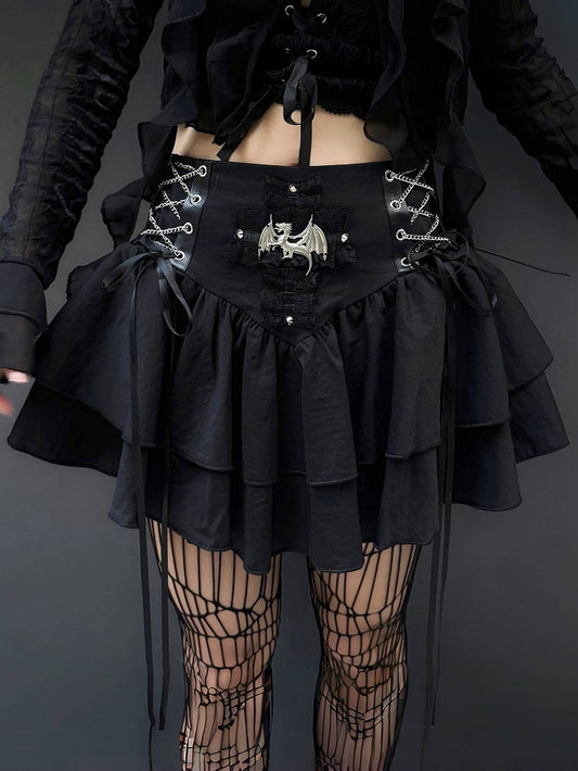 Punk Dragon Adorned Black Tiered Skirt Criss-cross Chain Design