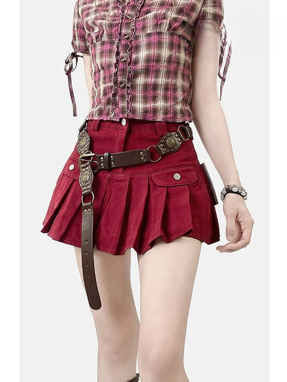 Pleated Denim Skirt Red Christmas