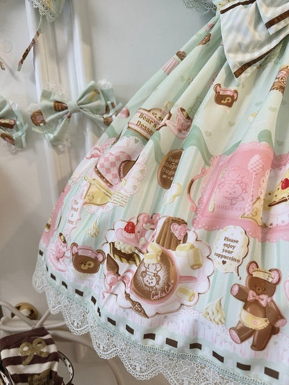Green Sweet Mint Lolita Theme Desserts Two-pieces Print Dress Fake Design Bear