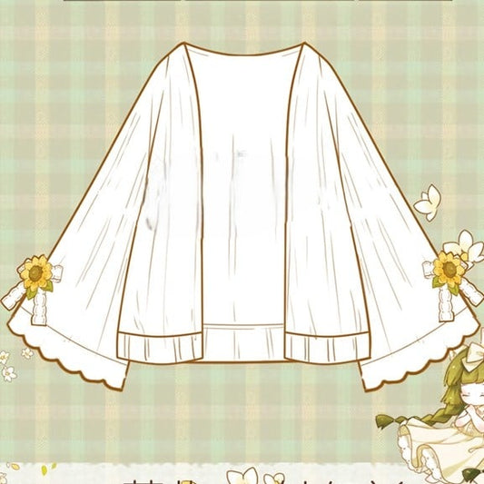 Sleeves Detail Knitted Bowknot Sunflower White Cardigan Flounce