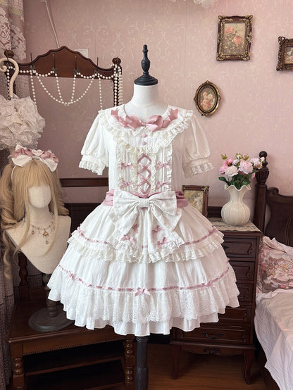 Hime Pink and Peter Pan Collar Tiered Skirt Balletcore Lolita Dress White OP