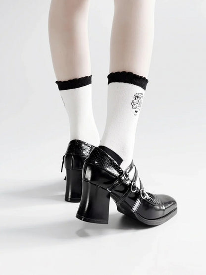 Snakeskin Gothic Lolita Black 6.5cm Buckles Block 3 Pattern with Heels