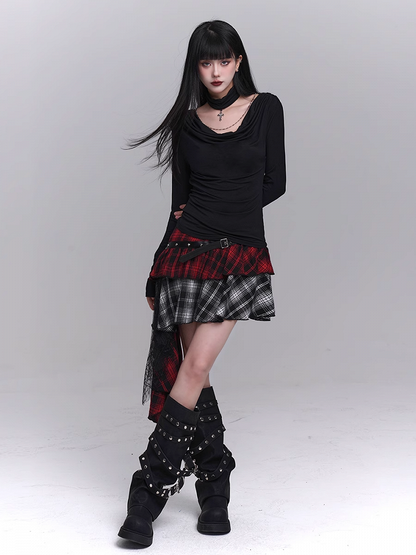 Red  Black Mesh Asymmetrical Plaid Skirt with PU Patchwork