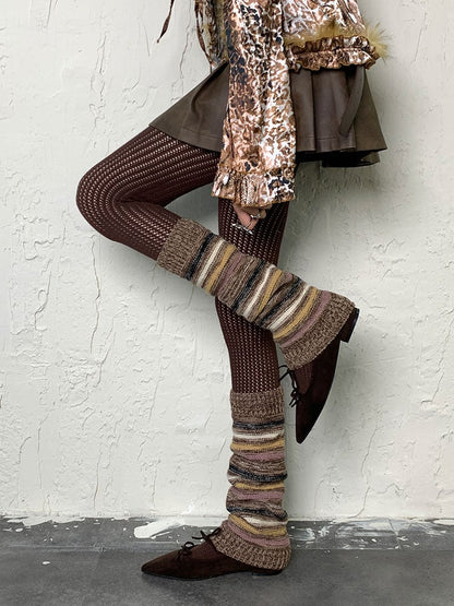 Brown Y2K Striped Pattern Knitted Leg Warmers