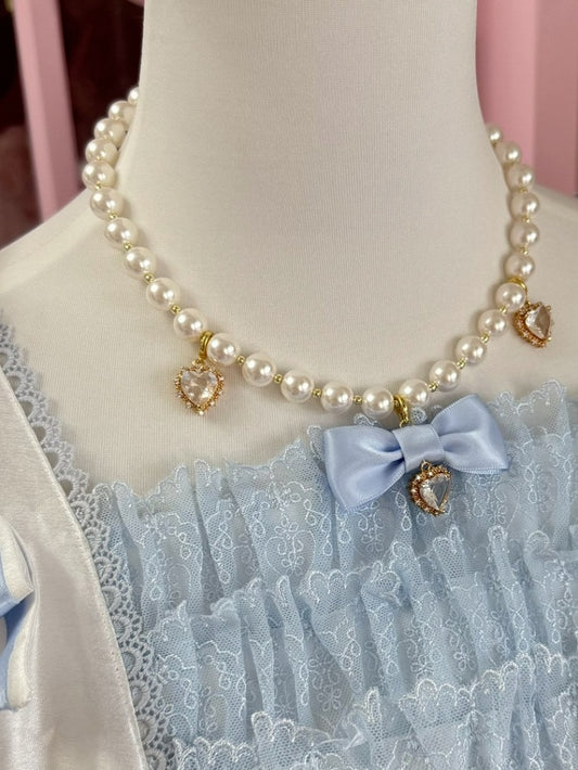 Blau/Grau Perlen Strass Und Halskette Herz Bowknot Anhänger