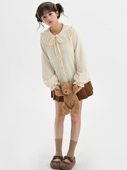 Apricot Peter Pan Collar Balloon Sleeves Lace Blouse