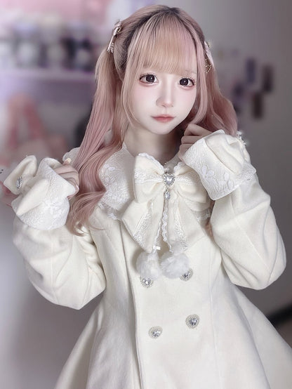 Jirai Kei Beige Detachable Plush Collar and Cuffs Landmine Style Woolen Coat with Bow