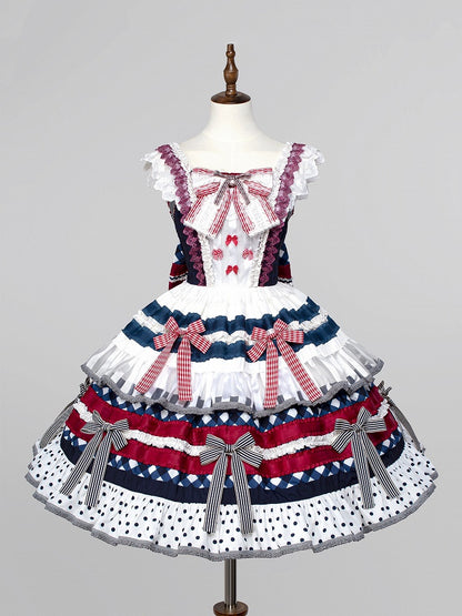 Lolita Red Bow Cake Accents Tiered and Blue Dress Dark Skirt Blueberry Sweet