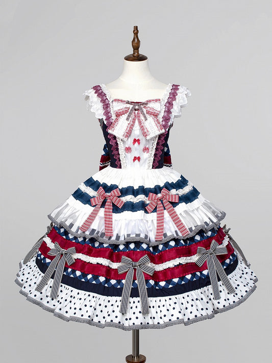 Lolita Red Bow Cake Accents Tiered and Blue Dress Dark Skirt Blueberry Sweet