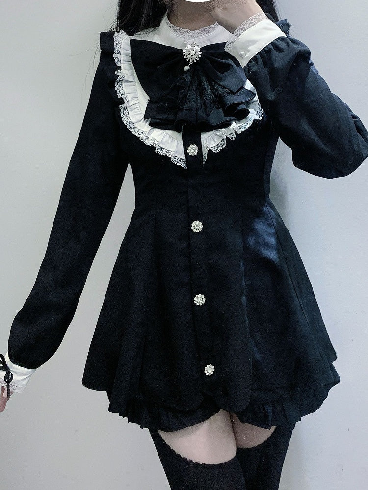 Big Jirai Kei Schwarz Abnehmbare Set Lange Bogen Kleid + Shorts Jabot Kragen und Ärmel Mini