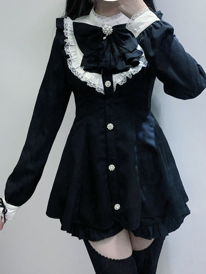 Big Jirai Kei Schwarz Abnehmbare Set Lange Bogen Kleid + Shorts Jabot Kragen und Ärmel Mini