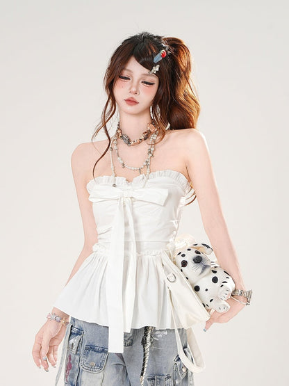 Big Bow Neckline White/Blue Strapless Top Plaid