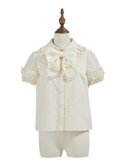 Beige Bluse mit abnehmbarem Schleifenausschnitt, Perlen und kurzen Puffärmeln