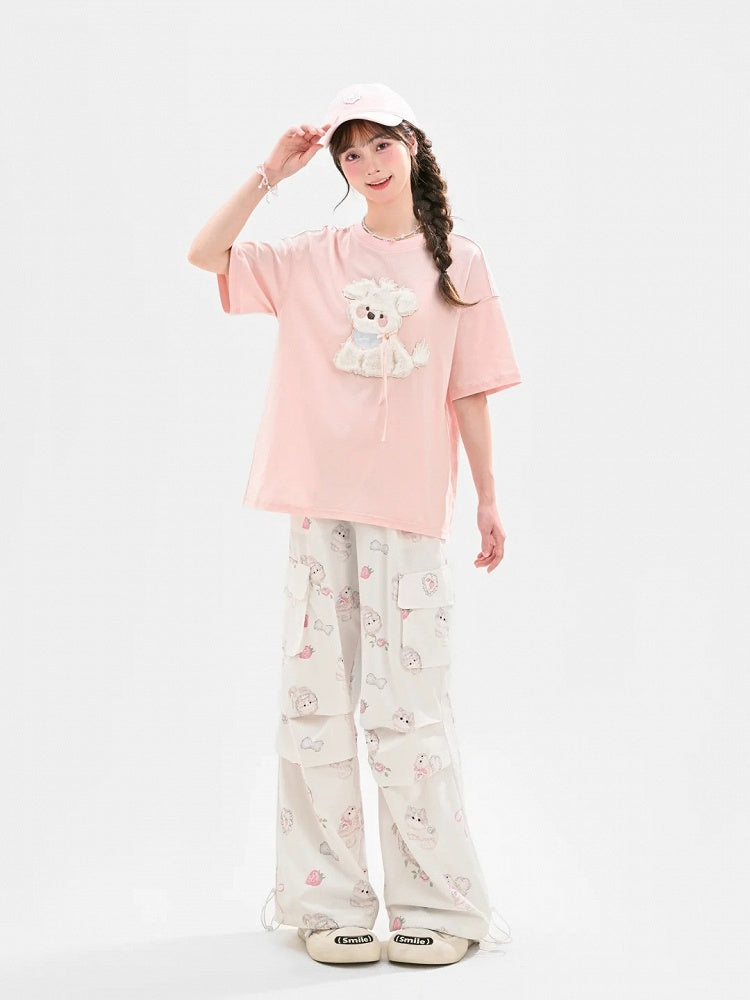 Kawaii Blue/Pink Plush Puppy Applique T-Shirt Yume