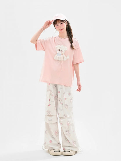Kawaii Blue/Pink Plush Puppy Applique T-Shirt Yume